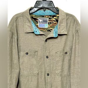 Modern Amusement Button Down Olive Army Green Collard Shirt Top Blouse Large